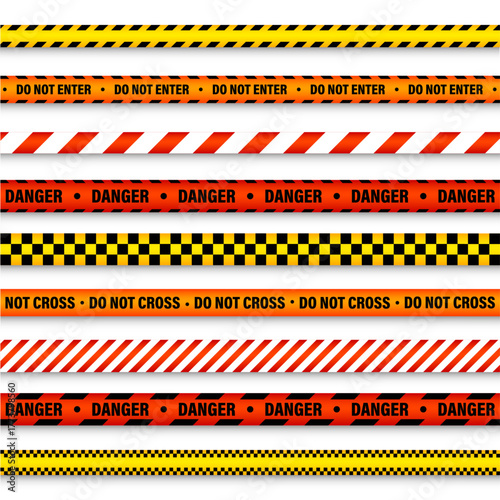 Barricade construction tape. Colorful police warning line, brightly colored danger or hazard stripe, ribbon. Restricted area, zone. Attention symbol. Vector illustration