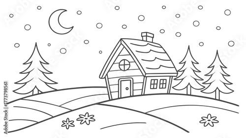 Whimsical Winter Night Landscape with Rustic Cabin, Pine Trees, Falling Snow, and Moon - Black and White Line Art Coloring Page