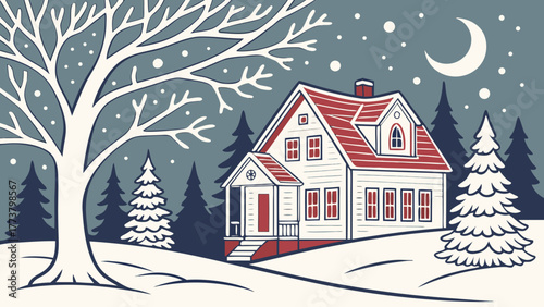 Idyllic Winter Night House Illustration: Cozy Cottage in Snowy Landscape with Bare Tree and Crescent Moon, Traditional Hand-Drawn Style
