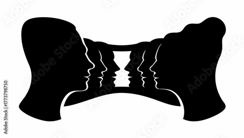 Illustration of an optical illusion featuring multiple silhouetted faces forming a vase shape in black and white