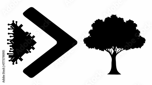 Black greater than sign with fractal design next to a silhouette of a tree on a white background