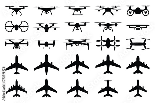 Collection of Aerial Vehicles Drones and Aircraft Silhouettes for Technology and Transport