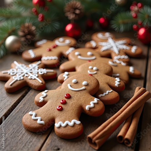 Festive gingerbread cookies with cinnamon sticks on wooden table
