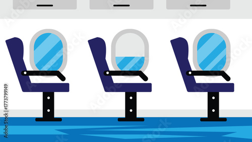 Interior of Airplane with Seats and Window Portholes Flat Style. Transportation means and civil aviation industry vector art