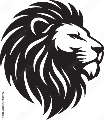 powerful lion head silhouette with mane detail, bold vector logo style