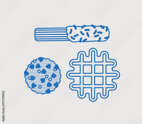 Churros, cookies, and waffles. Line art, minimalist style. Vector illustration. Bakery collection.