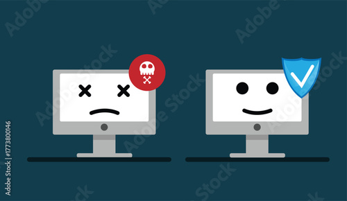 Two Desktop Computers One Infected with Viruses Another Protected. Technology and safety online vector art