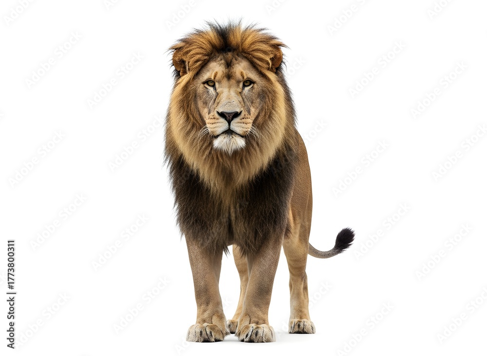 Fototapeta premium A majestic lion standing proudly on a plain white background