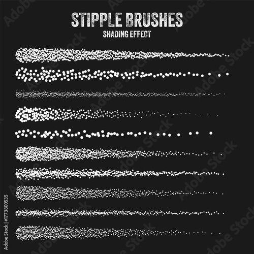 Ink scatter brush, stipple drawing and texturing. Fading gradient. Stippling, dotwork drawing, shading using dots. Halftone disintegration effect. White noise grainy texture. Vector illustration