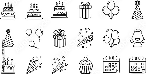 Black and White Birthday Party Icons Set: Cakes, Gifts, Balloons, Party Favors, and Calendars