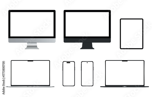 Set of technological device mockups with blank display in silver and black colors, phone, tablet, computer monitor, laptop on white background