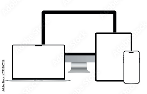 Set of technological device mockups with blank display in silver and black colors, phone, tablet, monitor, laptop on white background