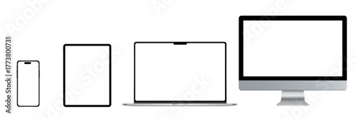 Set of technological device mockups with blank display in silver and black colors, phone, tablet, computer monitor, laptop 