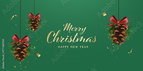 Beautiful 3D Christmas pine cones decorated with red bows and golden sparkles hanging on elegant green background. Christmas Social Media Post Design Vector Illustration 