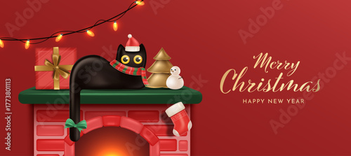 Black cat sitting on fireplace mantel surrounded by Christmas lights and snowman in cozy festive room. Christmas Banner Design Vector Illustration 