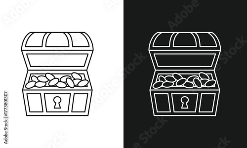 Open Treasure Chest Icon Filled with Gold Coins Symbolizing Pirate Booty, Hidden Riches, Wealth, and a Game Reward.