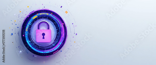 a purple and blue cyber security lock with three round glowing half rings in cyan blue and yellow around the lock in futuristic style, minimalist, clean, in a white plain background, copy space in the