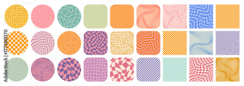 Groovy checkered pattern, colorful tiled grid. Vintage wavy curved backdrop, distortion effect. Funky geometric chessboard texture, retro background in 90s style, y2k. Vector illustration