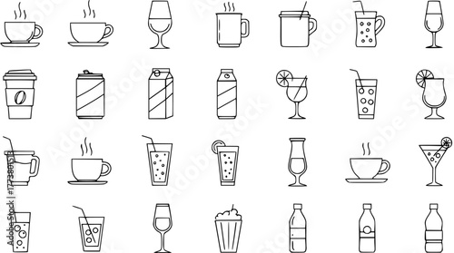Modern line art drink icons collection. Includes coffee, tea, wine, juice, soda, cocktails, bottles, and glasses. Simple beverage symbols for UI, web, and print design.