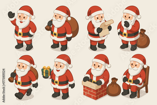 Various cute cartoon santas in different poses with gifts and bags