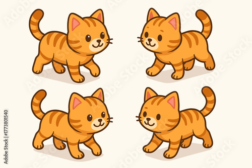 Cute cartoon illustration of four adorable orange tabby cats with stripes and happy expressions