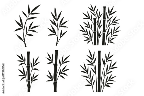 Black silhouette bamboo plants with leaves in various arrangements