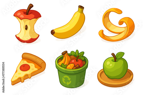 Colorful collection of fruits, pizza slice, and recycle bin with food waste on white background