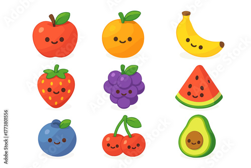 Cartoon smiling fruits collection: apple, orange, banana, and more