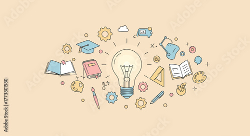 Ignite your imagination with this delightful collection of educational and creative icons, perfect for illustrating concepts of learning, innovation, and bright ideas.