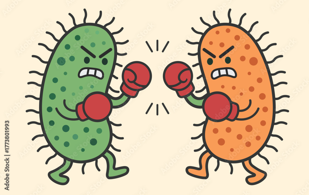 Fototapeta premium Cartoon Bacteria Boxing Duel Between Green and Orange Microbes, Humorous Health Illustration