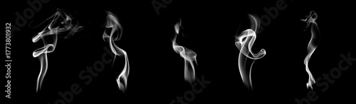 Abstract smoke on black background, soft white vapor swirl rising in elegant shapes. Minimalist concept for mystery, meditation, spirituality, and calm atmosphere design projects.