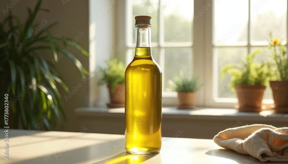Obraz premium Clear glass bottle of golden olive oil sits on kitchen table. Sunlight streams through window, illuminating bottle, potted plants on sill. White cloth rests nearby, creating bright, fresh cooking