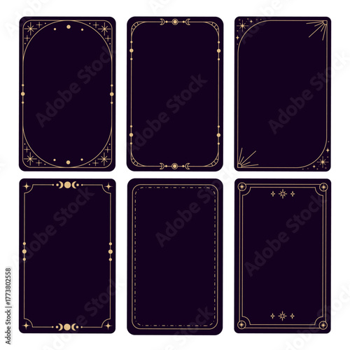 Minimalist tarot card back designs with minimal vintage frames, celestial elements, and magical borders for tarot decks, oracle cards, divination tools, spiritual products mystic design. Vector