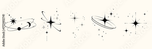 Minimal Celestial Orbit and Star Elements set in Retro Style. Abstract Y2K of star shapes, sparkles, orbit elements for digital design, stickers, branding, posters, logo, emblem, tattoo design. Vector