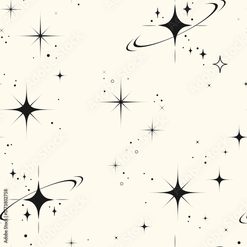 Seamless retro space pattern with black starbursts, sparkles, and orbiting elements for digital paper, fabric prints, wallpapers, packaging, wrapping paper, cosmic themed design.Vector illustration