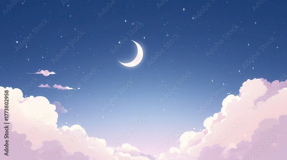 Fototapeta premium Dreamy crescent moon shines brightly over fluffy pink clouds against a star-filled twilight sky, evoking peace and wonder for a serene backdrop.