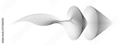 Radiant halftone wave forming a circular burst of light and motion, abstract halftone wave pattern forming concentric shapes in black and white vector illustration.