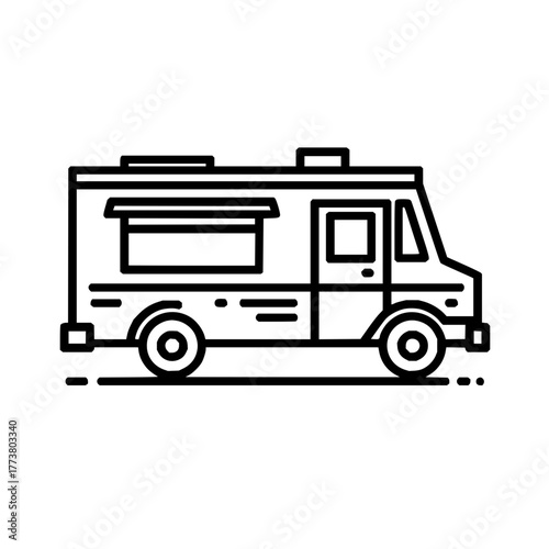 Food truck vector illustration, mobile kitchen, catering service, street food business icon, line art design