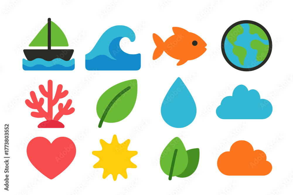 Fototapeta premium Nature and environment icon set. Flat style symbols for ecology and conservation themes.