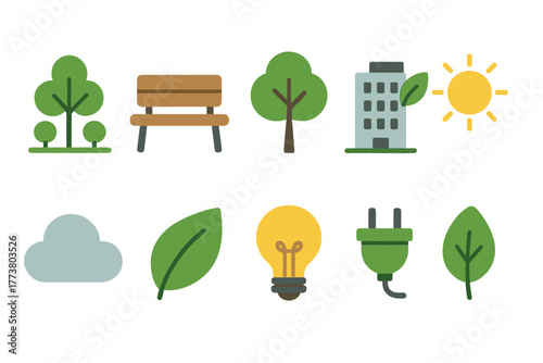 Nature and urban flat icon set. Eco, environment, sustainability flat icons collection