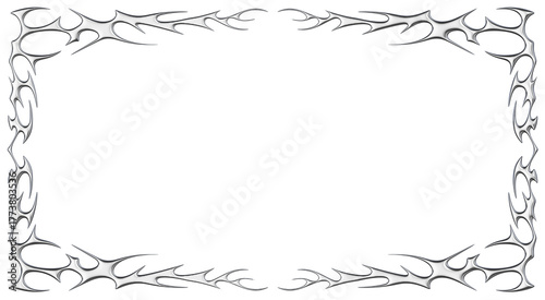 Chrome neo tribal frame border. Metallic symmetrical Y2K spiked lines and flame tattoo ornament in glossy silver style. Render transparent background