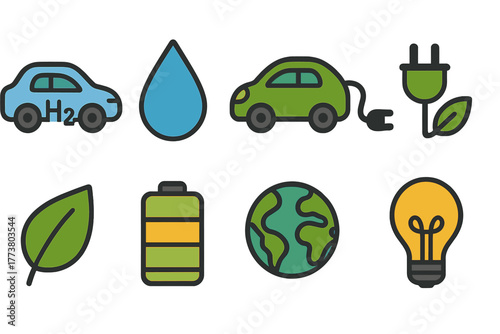 Eco-friendly flat icon set: electric vehicles, sustainability, earth-friendly energy