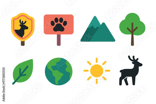 Nature and wildlife flat icon set. Outdoor, ecology flat icons collection.
