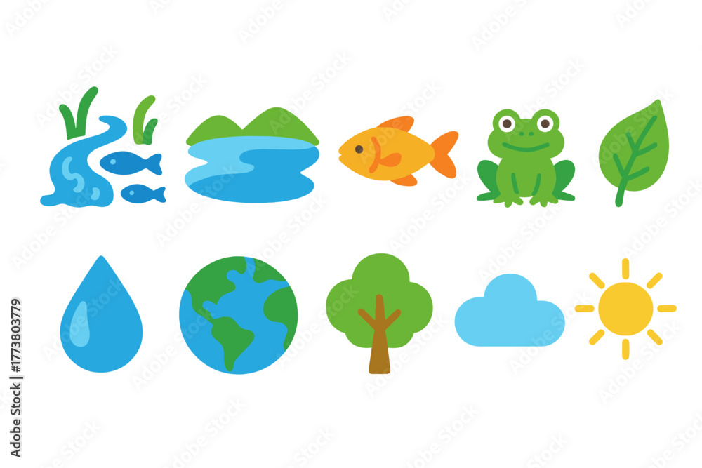 Naklejka premium Nature and environment flat icon set. Eco, wildlife, conservation icons flat collection.