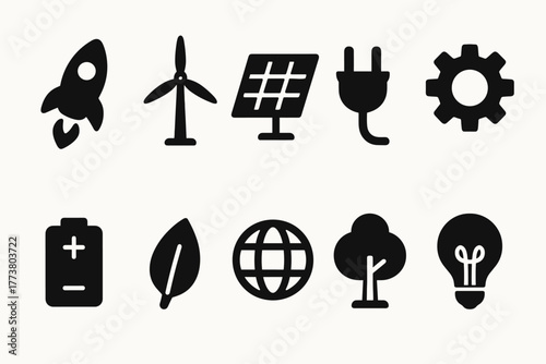 Energy and renewable sources solid icon set. Eco, sustainability, power icons collection