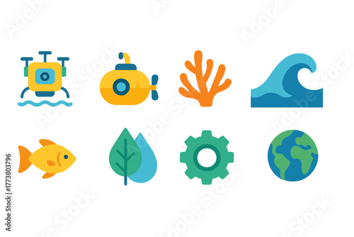 “underwater, ocean line icon set featuring submarine, wave, and marine life”