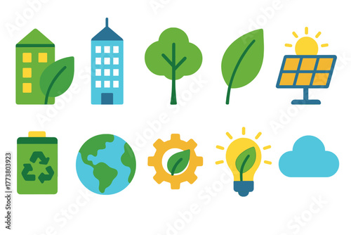 Eco-friendly flat icon set. Sustainability, energy, nature icons in flat design