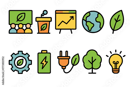 Sustainability, eco-friendly flat icon set. Green energy, environment icons collection