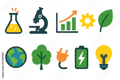 Eco and science flat icon set. Renewable energy, sustainability, and innovation icons