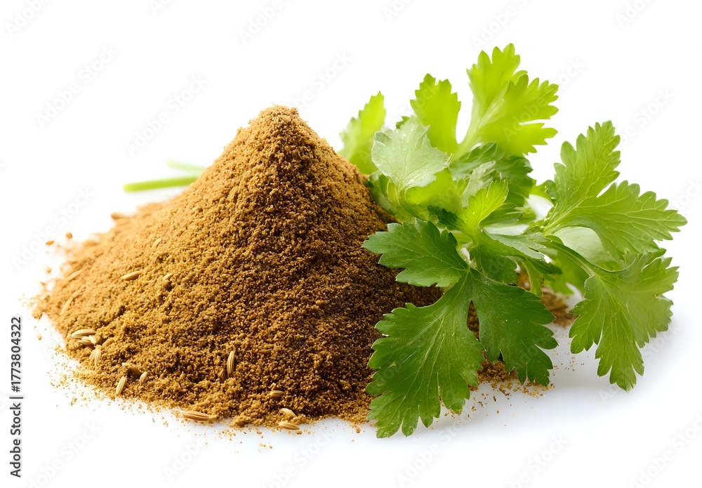 Fototapeta premium Ground coriander powder heap with fresh cilantro leaves on white background, aromatic spice for cooking and seasoning dishes.